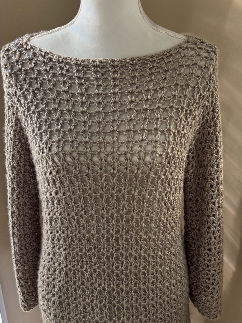 Handmade Crochet Open-Knit Boatneck Sweater - Taupe Bell Sleeves